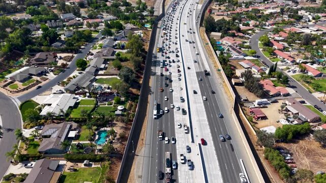 Aerial View of the South Bound 15 Freeway from Corona to San Diego California on a Friday Afternoon. Taken at 3:00 pm the Drone Reveals Miles of Heavy Congestion from The Orange County Commute.
