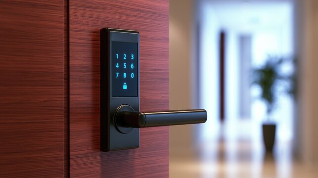 Modern smart electronic door lock with keypad on a wooden door.