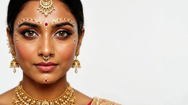 Traditional indian bride gaze with subtle facial movements on white