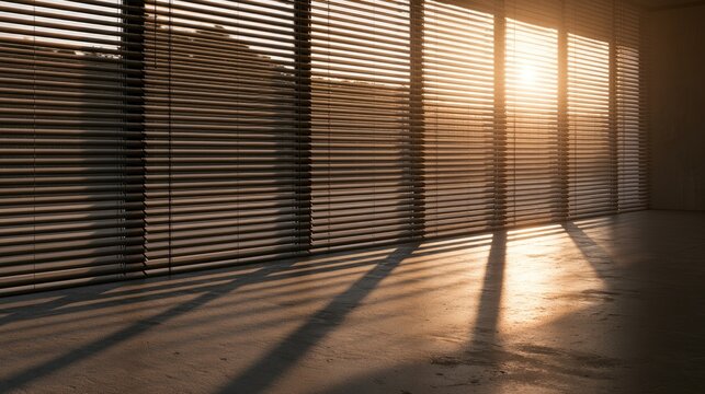 Sunlight shining through window blinds casting long shadows on the floor.