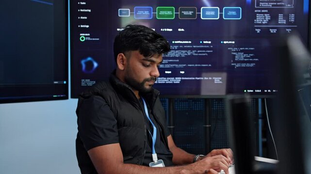 Concentrated male data analyst engaged with computer in contemporary office featuring cutting edge technology setup