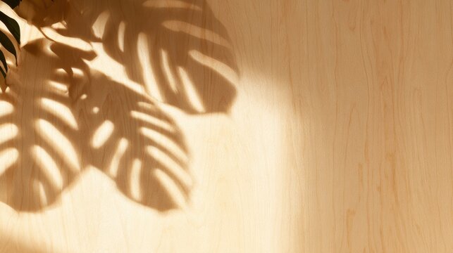 Abstract shadow of monstera leaves on a warm beige wall.