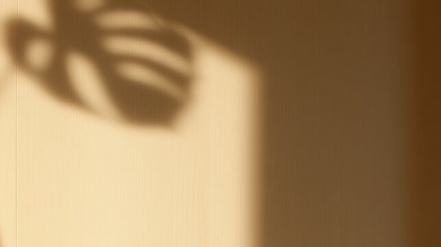 Abstract shadow of monstera leaf on a minimalist beige wall background.
