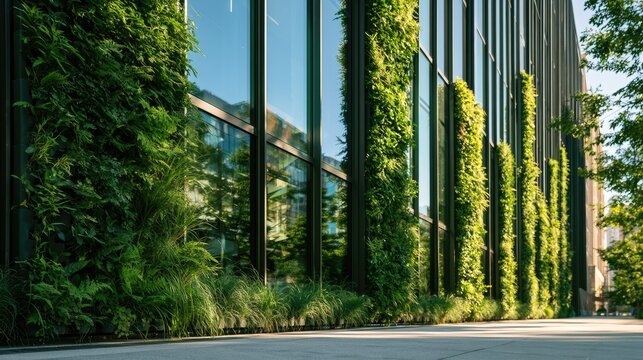 Modern glass office building facade with vertical garden green wall.