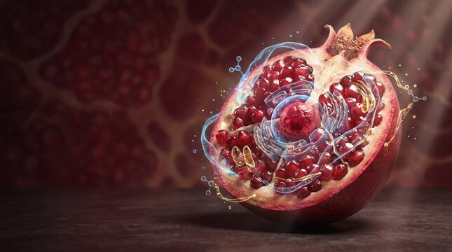 Pomegranate transformed into biological cell structure, antioxidant and cellular nutrition concept, scientific surrealism illustration