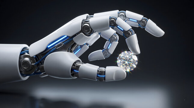 A futuristic white robotic hand holding a sparkling faceted diamond against a dark background.