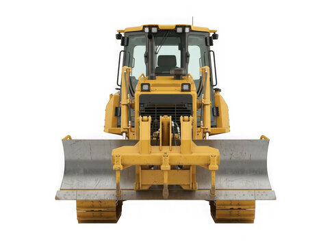 front view of heavy yellow crawler bulldozer machinery isolated on transparent background