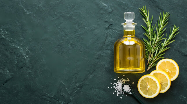 Glass bottle of golden olive oil with fresh rosemary and lemon slices on a dark stone background.