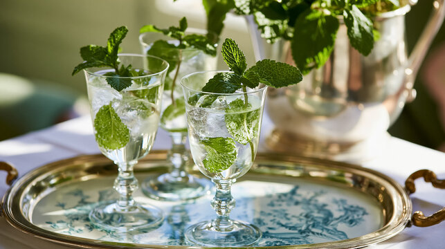 Three mint julep cocktails with fresh mint sprigs and ice, served on a decorated silver tray for a refreshing summer drink