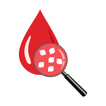 Drop of blood under a magnifying glass with sugar crystals inside. Concept of diabetes, blood testing, glucose monitoring, metabolic disorders and medical