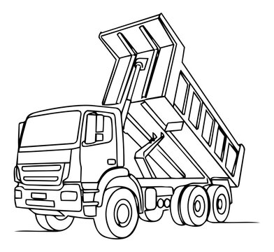 Heavy Tipper Dump Truck Outline Vector Illustration with Raised Cargo Bed for Construction Machinery
