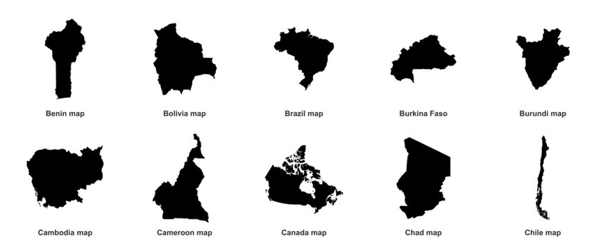 Country map set of Canada Brazil Chile Bolivia Cambodia Cameroon Chad Benin Burundi Burkina Faso vector silhouettes isolated world atlas geography borders.