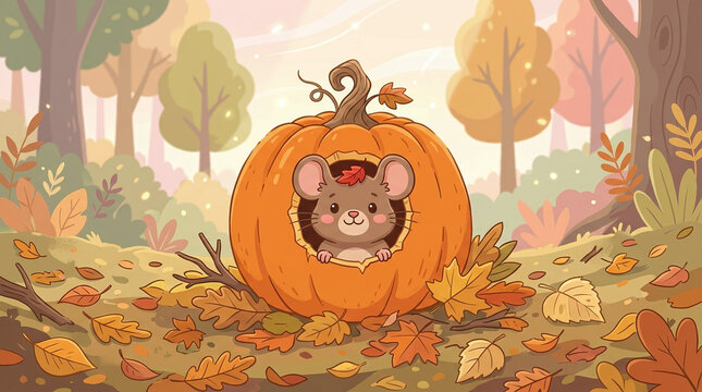Adorably curious little mouse peeking out from inside a hollowed out orange