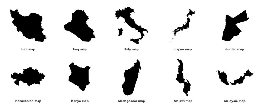 Country map collection of Japan Italy Kenya Malaysia Iran Iraq Jordan Kazakhstan Madagascar Malawi vector silhouettes isolated world atlas geography borders graphic.
