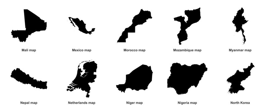 Country map set of Mexico Netherlands Morocco Nepal Nigeria North Korea Myanmar Mozambique Mali Niger vector silhouettes isolated world atlas geography borders.