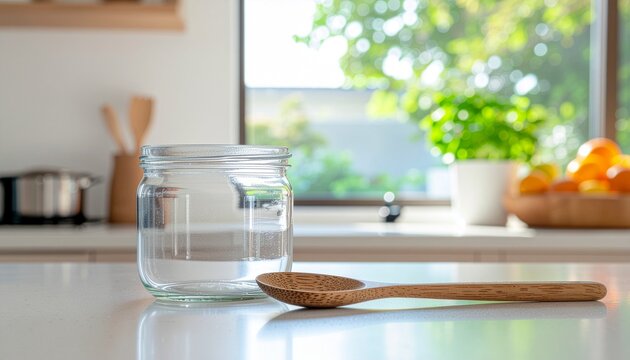 Empty Glass Jar and Wooden Spoon on Bright Kitchen Countertop with Natural Sunlight, Reusable Container and Sustainable Zero Waste Lifestyle Concept