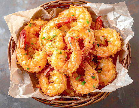 Breaded deep-fried shrimp basket with paper, top view, closeup. AI