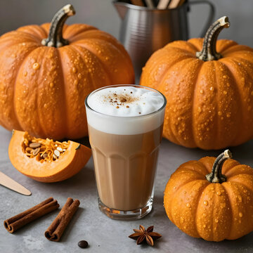 Autumn seasonal beverage, pumpkin spice latte with cinnamon and nutmeg, cozy fall coffee culture and harvest celebration with fresh orange pumpkins