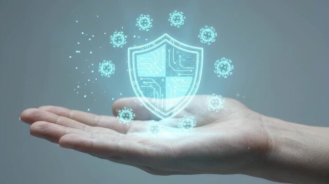 Digital shield hologram protecting against virus icons in human hand