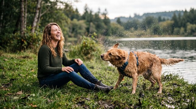 Woman laughing as wet dog shakes water off by lake in lush green forest