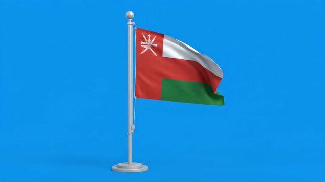 Waving flag of Oman on a flagpole with a plain blue background, representing national identity and sovereignty.