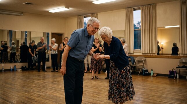 Elderly couple shares a handshake after a dance class with other seniors in the background