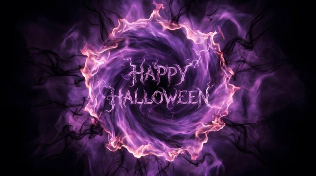 A vibrant and spooky halloween image featuring swirling purple and pink energy with the words 'happy halloween'
