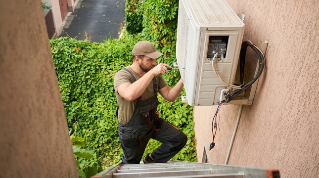 HVAC technician repairing wall mounted air conditioning unit outdoors in residential area