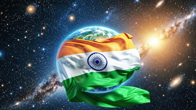 Elegant indian flag waving around planet earth in cosmic space
