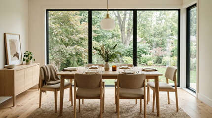 Fototapeta premium Modern Minimalist Dining Room with Wooden Furniture and Large Windows Overlooking Lush Garden