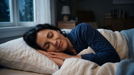 Obraz premium Peaceful woman sleeping soundly in bed at night with eyes closed and a gentle smile