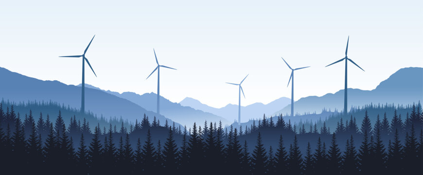 Minimal blue vector panoramic landscape with silhouettes of hills and wind turbines - renewable energy, sustainability, ecology	
