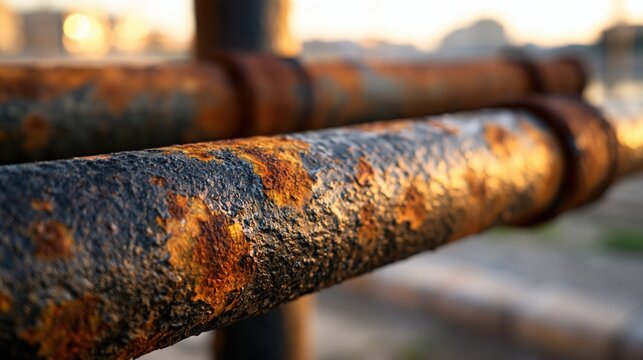 Close up view of a rusted metal pipe attached to a pole, showcasing industrial decay and aging infrastructure.