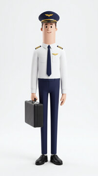 3D cartoon airline pilot character in white shirt holding briefcase isolated on white background