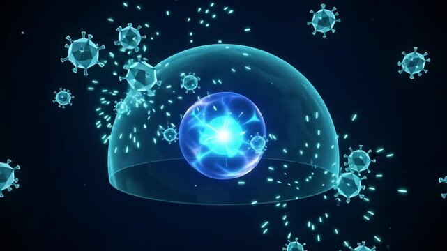 Energy shield protecting vital cell core from virus attack, scientific concept