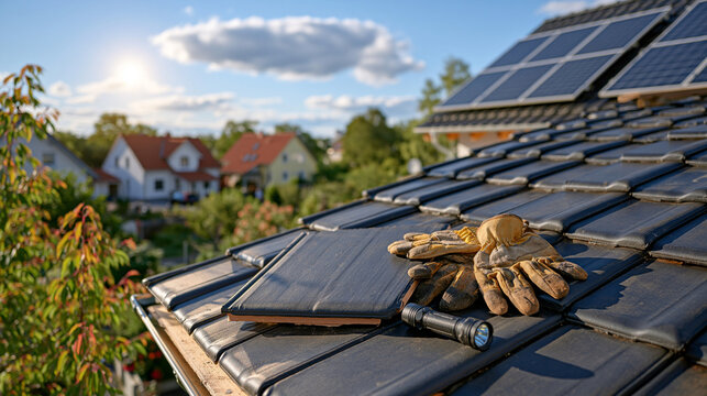 Roof maintenance tools arranged naturally on a sloped tiled roof, replacement roof tile in the center with worn work gloves and flashlight beside it, low sun creating a warm rim light around the obj