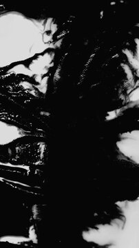Black Ink Spreading and Mixing on White Background. Black ink flows and blends into abstract organic patterns across a white surface.