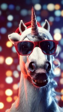 cool unicorn with sunglasses and santa hat celebrate christmas party in disco vertical video