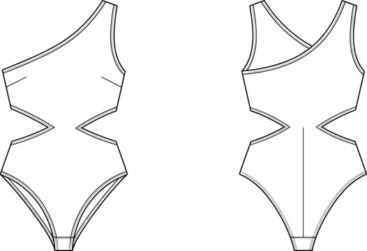 One shoulder cutout monokini swimsuit fashion flat sketch vector template front and back view