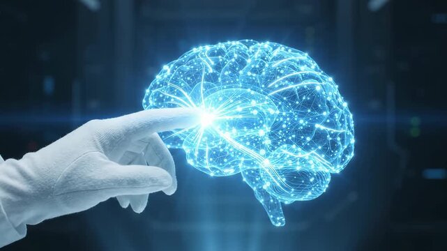 Gloved hand interacting with glowing blue holographic brain network, futuristic technology concept