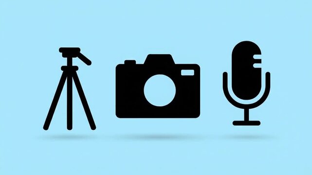 Videography icon set featuring tripod camera and microphone silhouettes