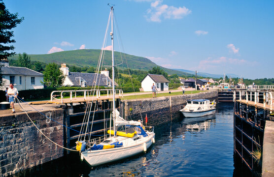Pleasure boats pass through locks on Neptune's Staircase at Banavie on the Caledonian Canal near Fort William, Scotland