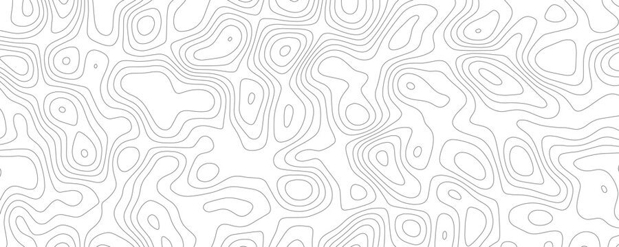 Topographic map contour lines, abstract grey linear pattern on a plain white background texture