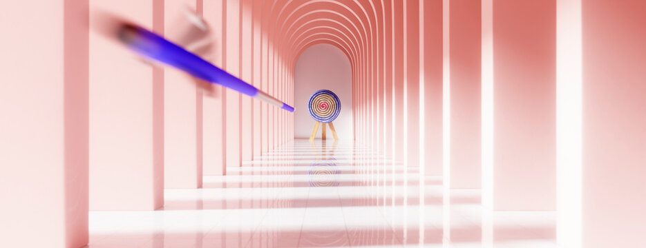 Arrow flying towards target in surreal pink architectural corridor showing aim