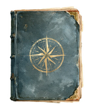 ancient vintage book cover illustration watercolor antique journal golden compass symbol old dark blue leather worn torn edges historic nautical navigation diary isolated on white background art