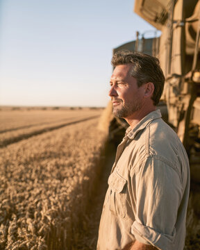 thoughtful male farmer standing near combine harvester at sunset portrait of agricultural worker looking at golden wheat field farm owner inspecting crops during harvest season rural concept