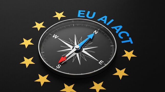 EU AI Act concept with compass and European Union stars on black background