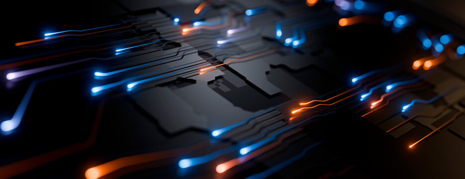 Abstract digital circuit board with glowing blue and orange light trails