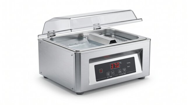Professional Stainless Steel Sous Vide Water Bath Machine with Open Lid and Digital Display Isolated on White Background