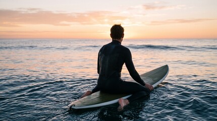 Naklejka premium Surfer in wetsuit sits on surfboard in calm ocean water watching sunset over the horizon